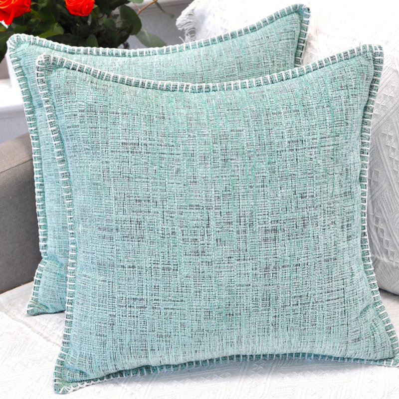 Mint Green Chenille Square Throw Pillow Covers with Piped Edges