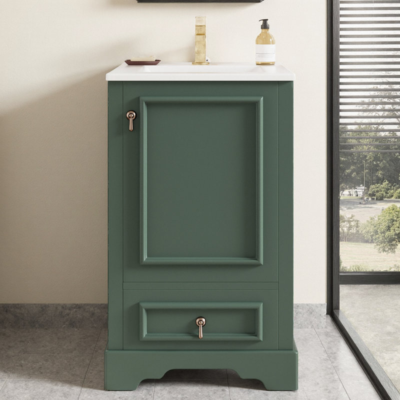Meuble-lavabo de 20 pouces peu encombrant avec lavabo en céramique, portes à fermeture en douceur et rangement réglable - Conception moderne pour les petites salles de bain