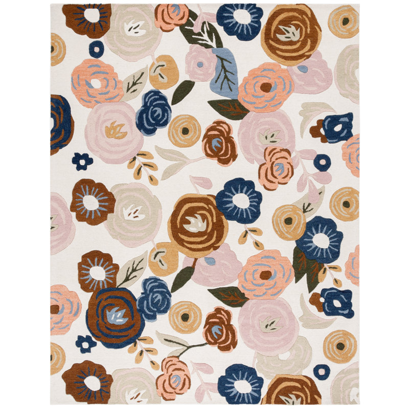Ivory Floral Hand-Tufted Wool Round Rug, 8' x 10'