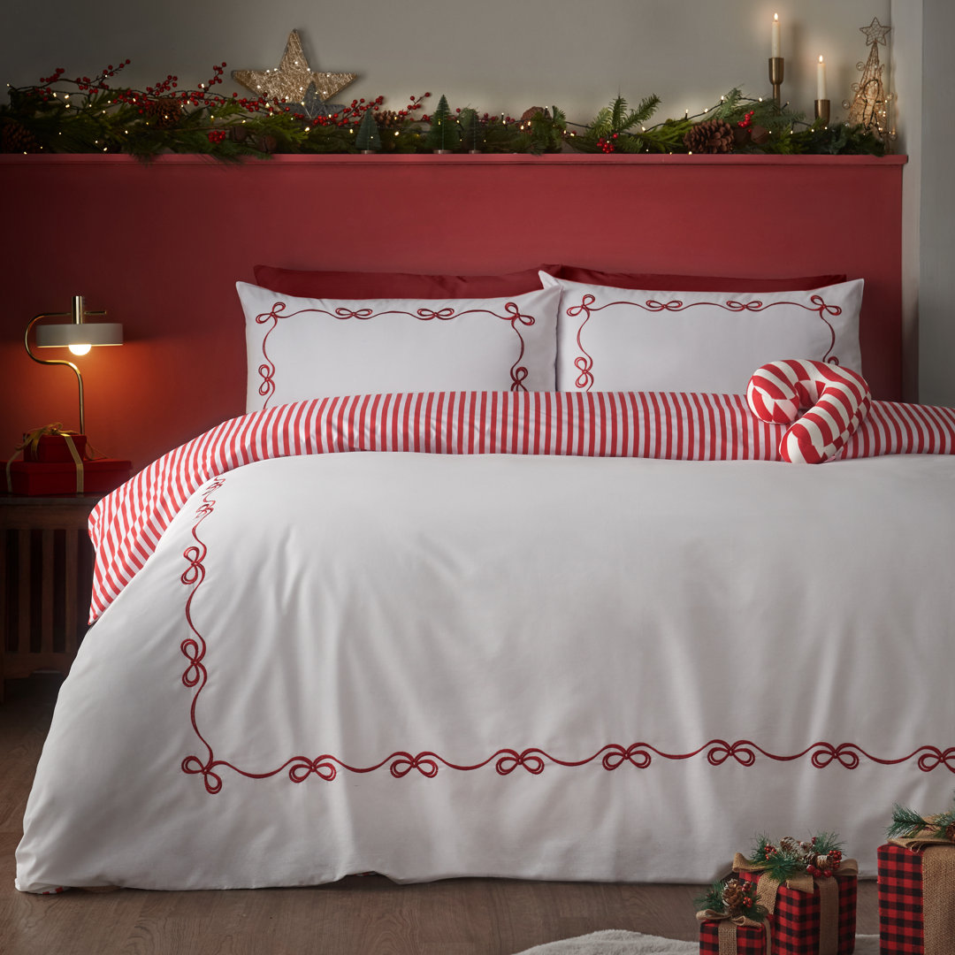 Catherine Lansfield Red/White Bow Embroidery Duvet Cover Set White - Image 3