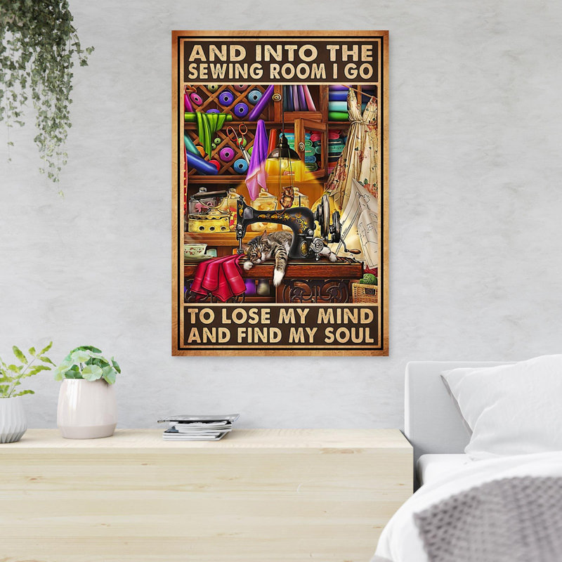 «Cat In Sewing Room And Into The Sewing Room», reproduction d'art graphique sur toile tendue, H 36 po x l 24 po x P 2 po