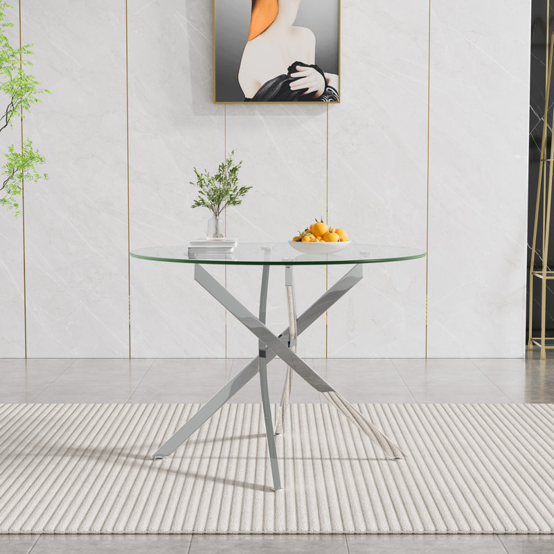 36" Glass Dining Room Table Set for 4, 5-Piece Round Kitchen Dining Table Set with Metal Legs and 4 Velvet Upholstered Chairs, Glass Kitchen Table and Chairs Set