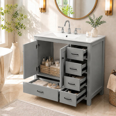 Ensemble de meuble-lavabo 36 po avec lavabo en céramique, armoire de rangement abondante, 2 portes à fermeture en douceur et 5 tiroirs (ancien SKU: N729P183735E)