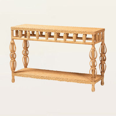 Calli Coastal Boho Console Table in Natural Rattan with Handwoven Wicker Design and Lower Shelf
