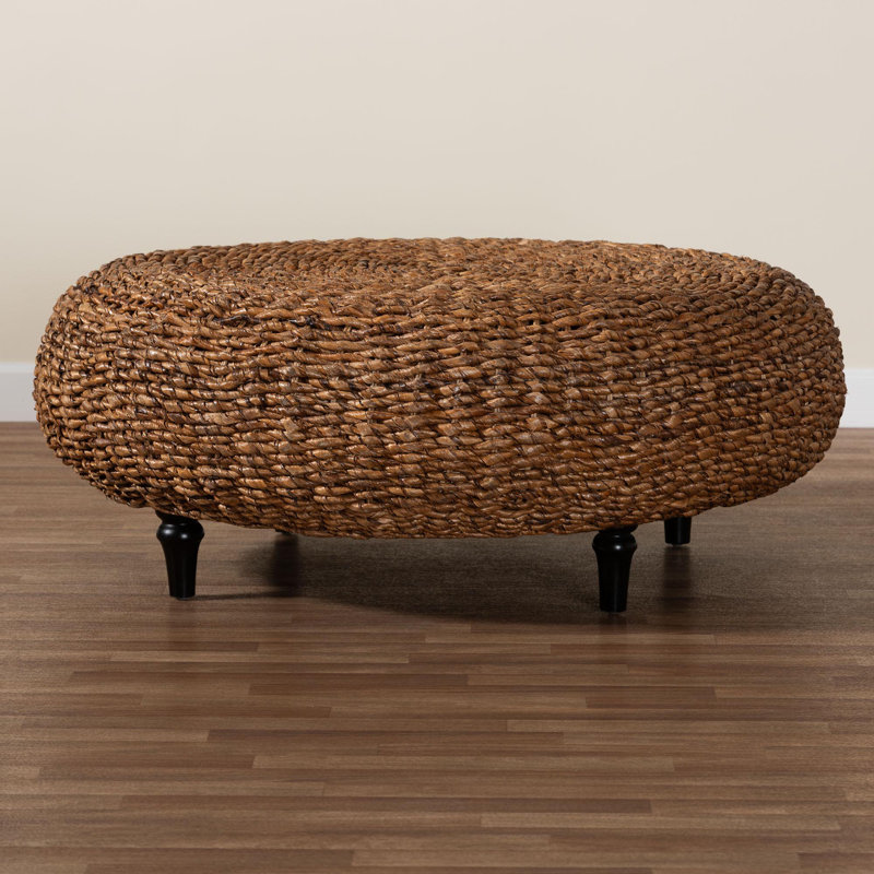 Bali & Pari Riau Handwoven Seagrass Coffee Table With Wooden Legs – Natural Wicker Round Living Room Table For Living Room Or Bedroom Décor