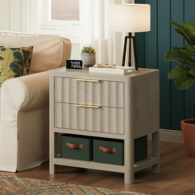 27.6 Inch Tall Nightstand With Charging Station And USB-C Port, Modern 2-Drawer Bedside Table With Fluted Fronts And Open Shelf, Natural