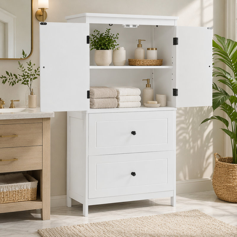 Armoire de rangement pour salle de bain, armoire avec deux portes et tiroirs, tablette réglable, panneau de fibres à densité moyenne, blanc