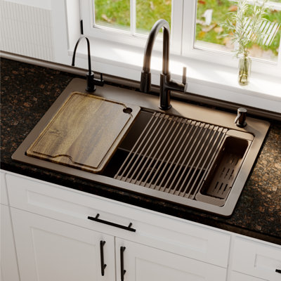 Karran 33" Top Mount Single Bowl Quartz Kitchen Sink Kit in Brown