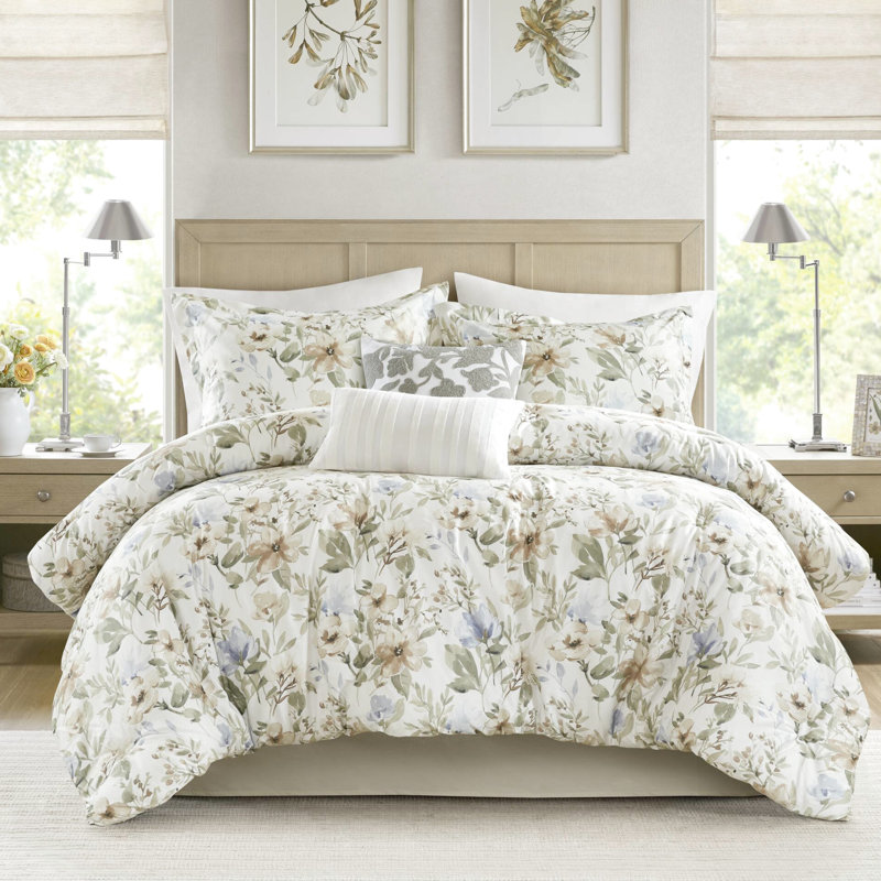 Grand édredon en 6 pièces, 100% coton, motif floral pour chambre à coucher sereine, aspect nuage