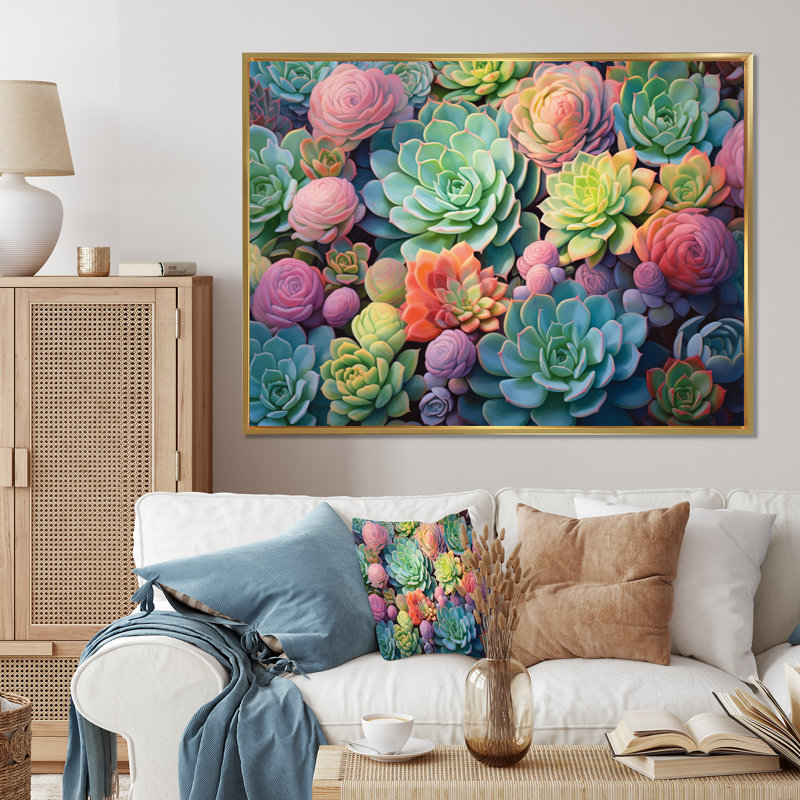 Vert, bleu, plantes grasses, succulentes, rêves II, Cadre flottant doré, H 16 po x l 32 po x P 1 po