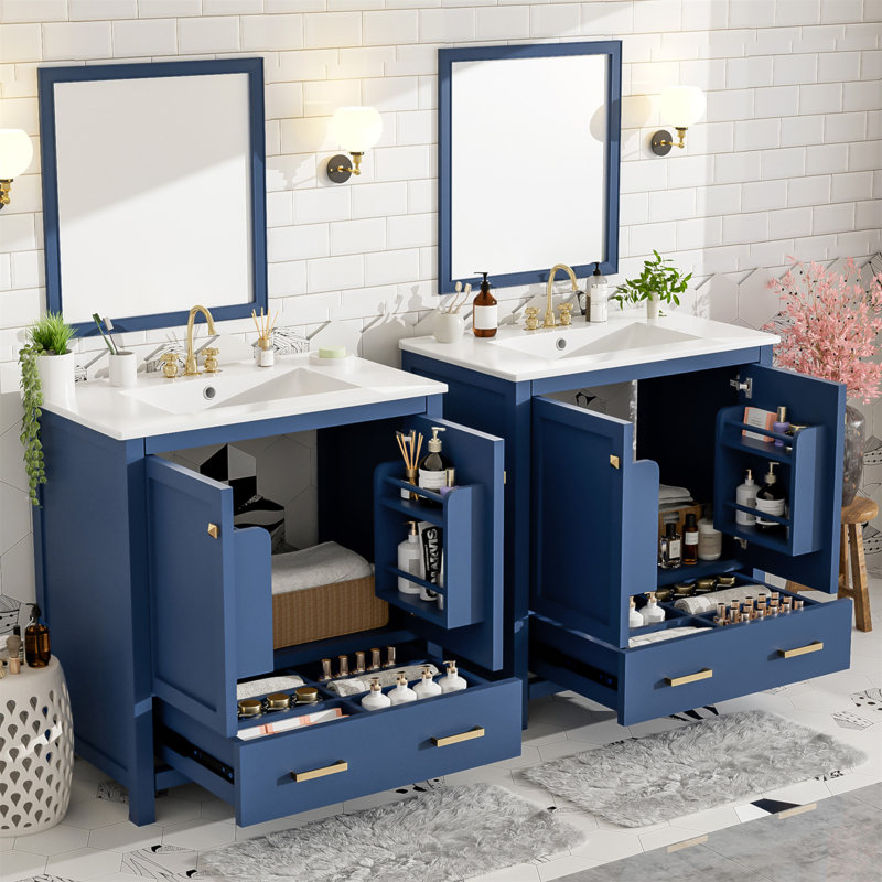60 Inch Bathroom Vanity Set With Double Vanities, Ceramic Sinks, And Ample Storage For Modern Bathrooms, Blue