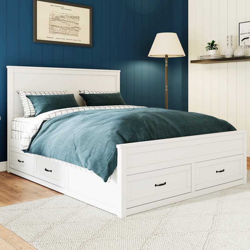 Modern Wood Storage Bed Frame With 6 Drawers, Platform Bed With Wooden Slats Support, White