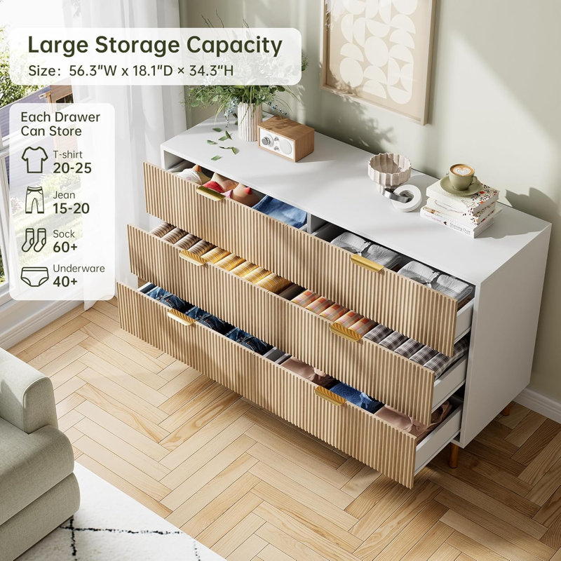 6 Drawer Bedroom Dresser - Modern Wood with Gold Handles