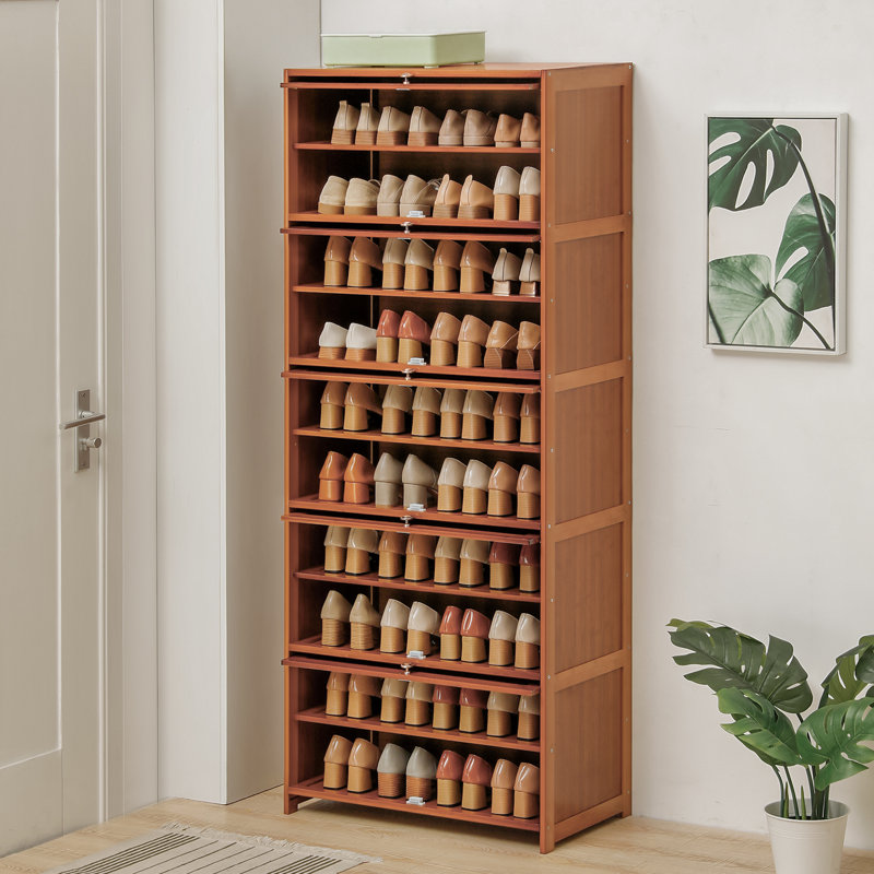 Brown Bamboo 10-Tier Shoe Cabinet with Pull-Down Doors