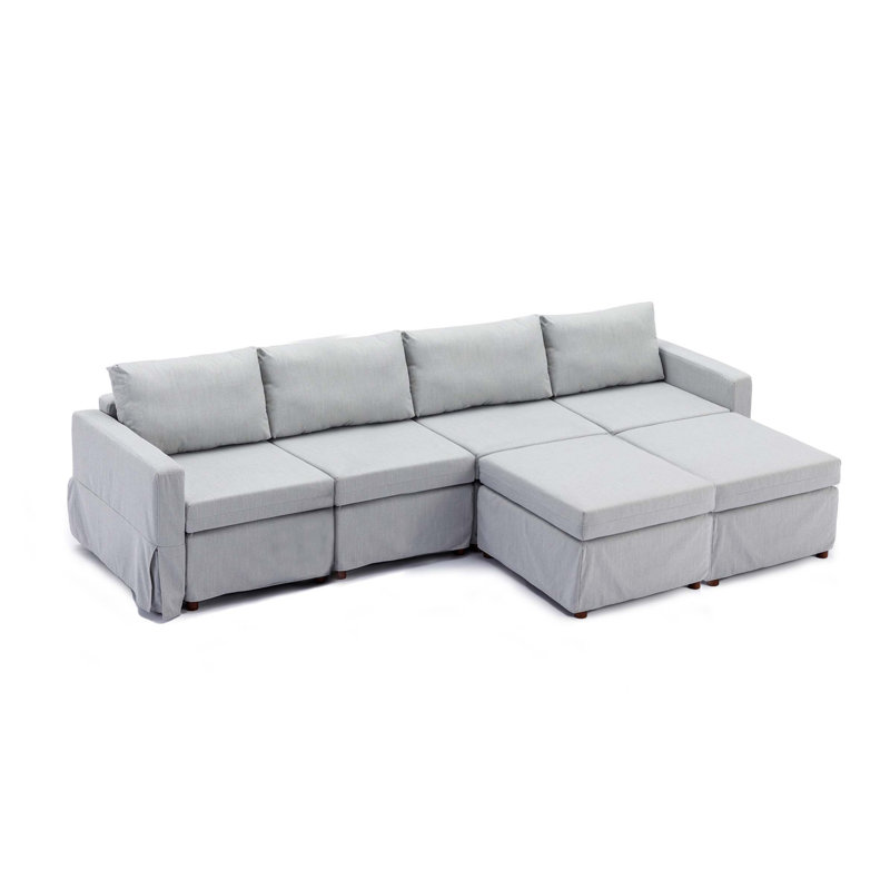 Canapé modulaire à méridienne rembourrée Gerta, Lin gris pâle