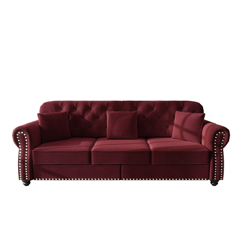 Canapé Chesterfield 82,6 po rembourré en velours avec garniture cloutée et accoudoirs roulés, canapé mid-century moderne capitonné avec boutons, bourgogne