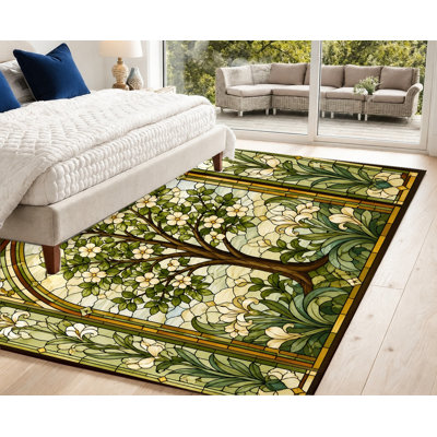 Tapis antidérapant en velours, arbre en vitrail rétro et imprimé floral Art Nouveau, tapis décoratif, décoration intérieure élégante pour le salon, la chambre à coucher, la salle à manger, le couloir, l'entrée, la cuisine, appartement