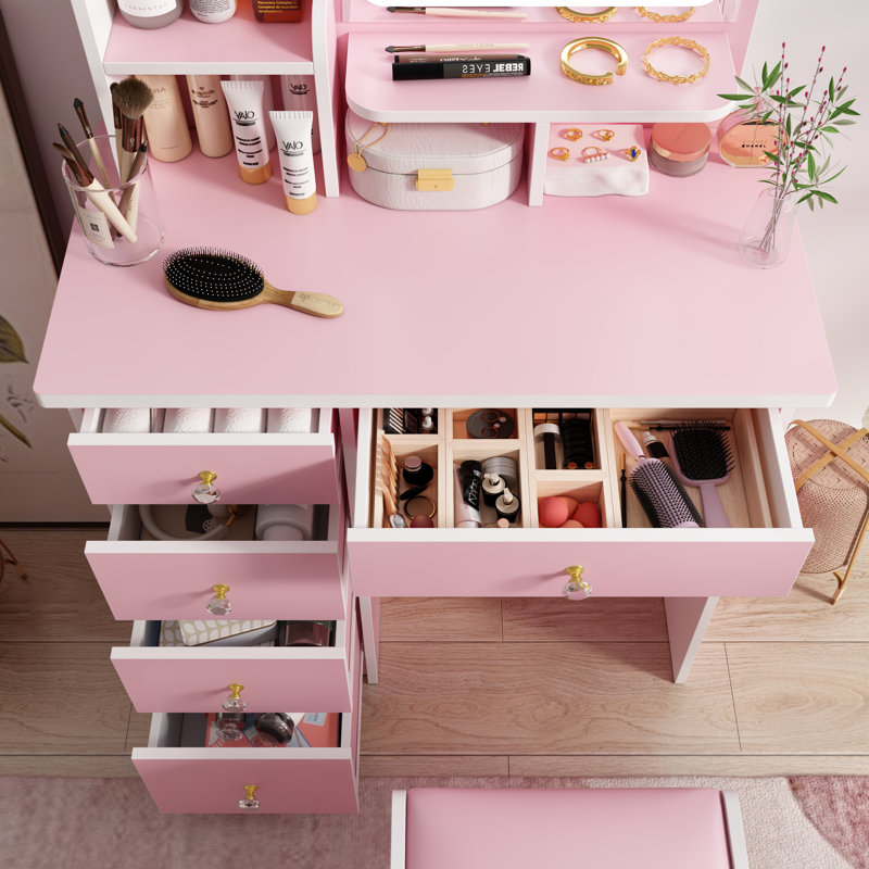 Bergelmir Blush Pink Vanity Set with LED Light Mirror & 5-Drawer Storage