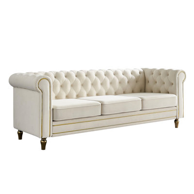 En beige, 84,65 pouces pour le salon, revêtement lisse, coussin en mousse haute résilience, bande dorée élégante, siège en velours à pieds en métal stables, tissu respirant beige, mousse, garniture classique,