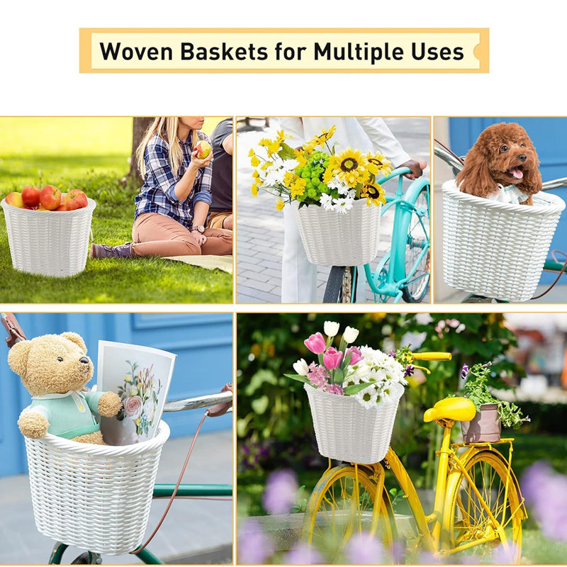 Panier de vélo blanc, panier de vélo, accessoires de vélo, panier de vélo en osier en forme de D, panier de vélo, 8 po x 6 po