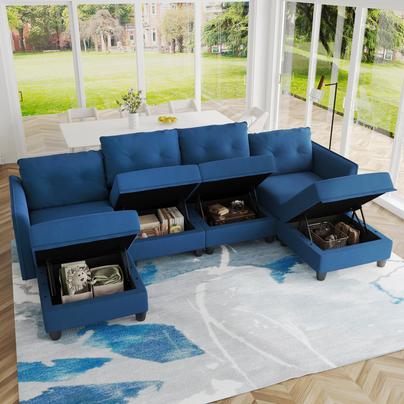 Zendejas 6 - Piece Modular U-Shape Sectional Sofa with Ottoman, Blue Velvet