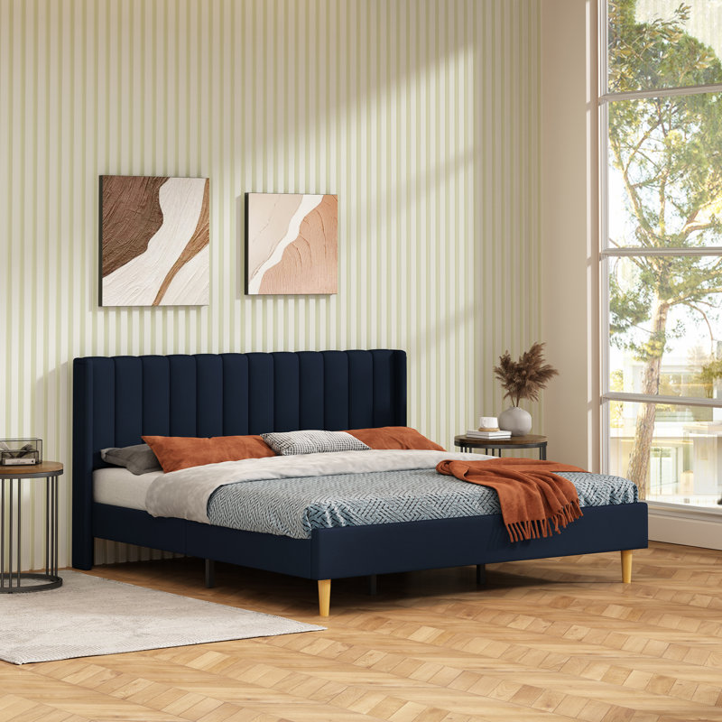 Deeb Vertical Channel Tufted Wingback Platform Bed, King, Dark Blue Linen