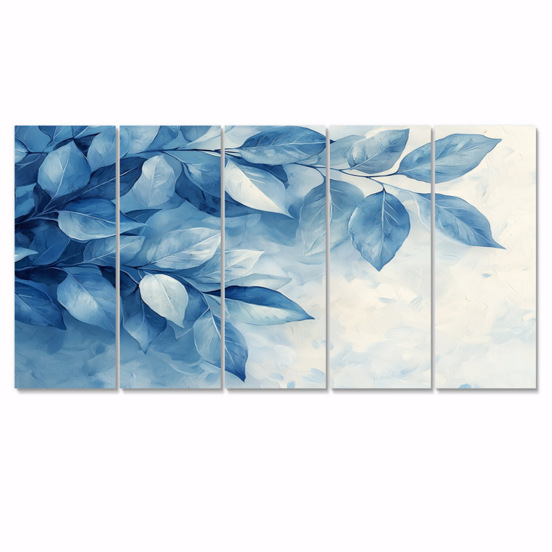 «Soft Leaves In Hazy Blues Watercolor II», art mural plantes - ensemble d'art mural Tradition, H 28 po x l 60 po, 5