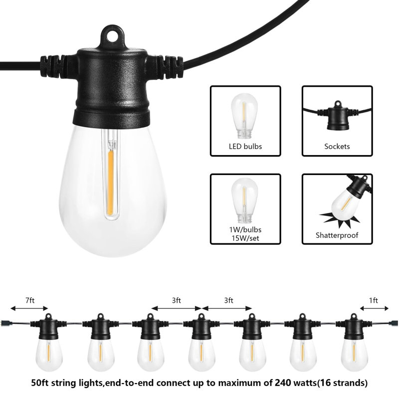 150FT LED Patio String Lights, 45 Shatterproof Bulbs