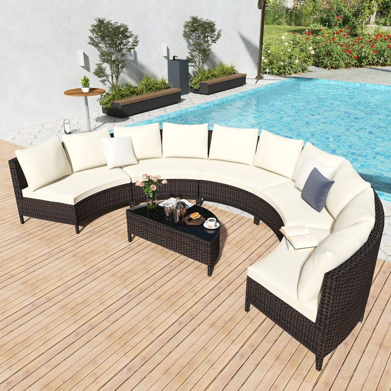 Ensemble de canapé modulaire d'extérieur courbé en osier brun 5 pièces 5 pièces, Beige