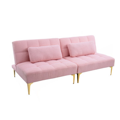 Convertible Sofa Bed Futon With Gold Metal Legs Teddy Fabric (White)