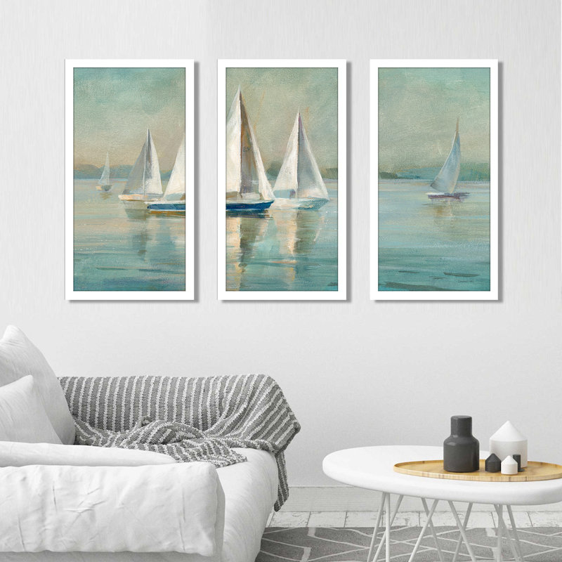 "Voiliers au lever du soleil", reproduction sur acrylique 3 pièces, H 25,5 po x l 40,5 po x P 1 po