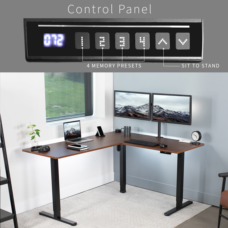Dark Walnut and Black L-Shaped Adjustable Standing Desk with Keyboard Tray