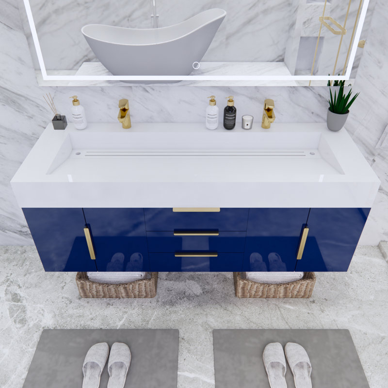 Glasgow 59'' Double Bathroom Vanity with Acrylic Top, High Gloss Night Blue, White