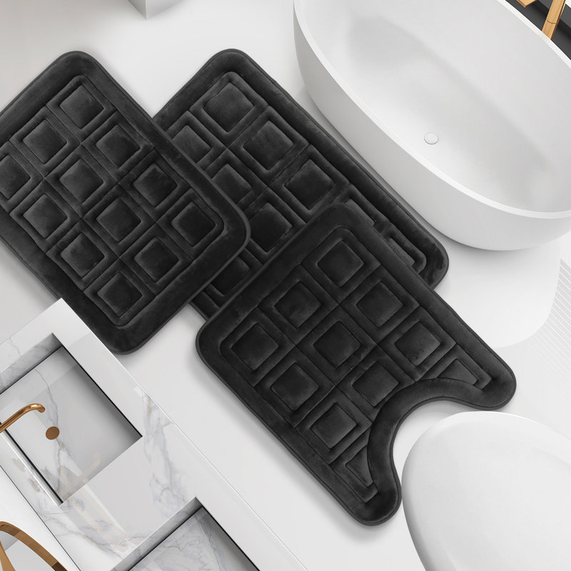 3 Piece Ultra Soft Absorbent Memory Foam Waffled Bath Rug Set, Black