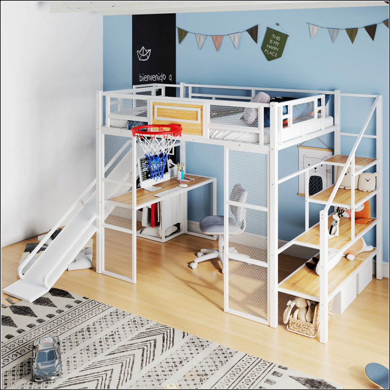 Lit mezzanine double en métal avec bureau intégré
