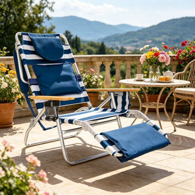 Méridienne de luxe inclinable 3 en 1 avec repose-pieds, mobilier d'extérieur pour balcon, cour et porche, rayure bleue