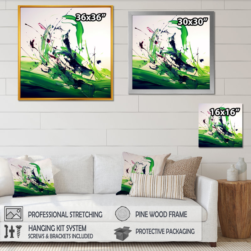 «Green and White Abstract Ink Expression IV», art mural abstrait, H 30 po x l 30 po x P 1,5 po, Toile tendue