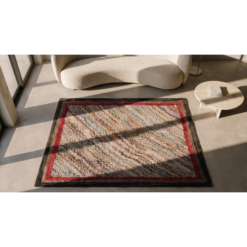 Artistic Wavy Chevron Design Antique American Folk Art Area Rug