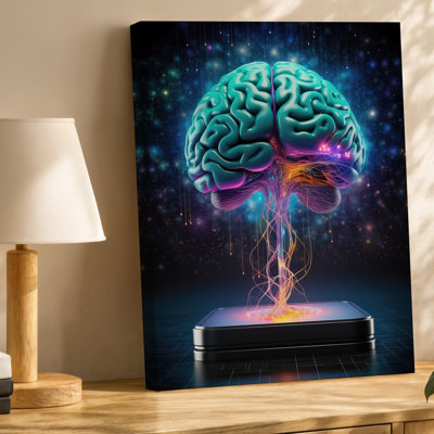 Toile, représentation surréelle d'un grand cerveau aux couleurs vives, art mural rendu dans des tons de bleu sarcelle et de mauve sur une toile murale noire