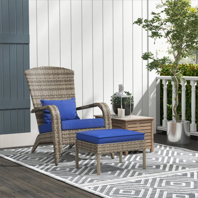 Patio Wicker Adirondack Chair With Ottoman, Comfortable Outdoor Seating For Deck And Garden, Dark Blue