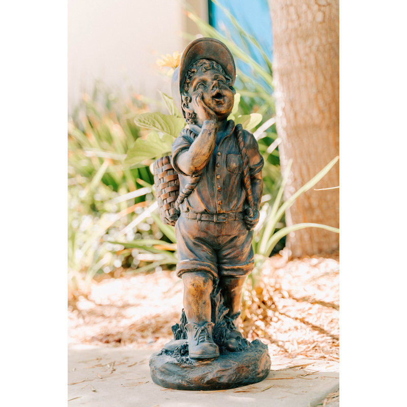  Statue de jardin 24 po H en faux bronze et oxyde de magnésium avec petit pot de fleurs, décoration extérieure, sculpture au design naturel