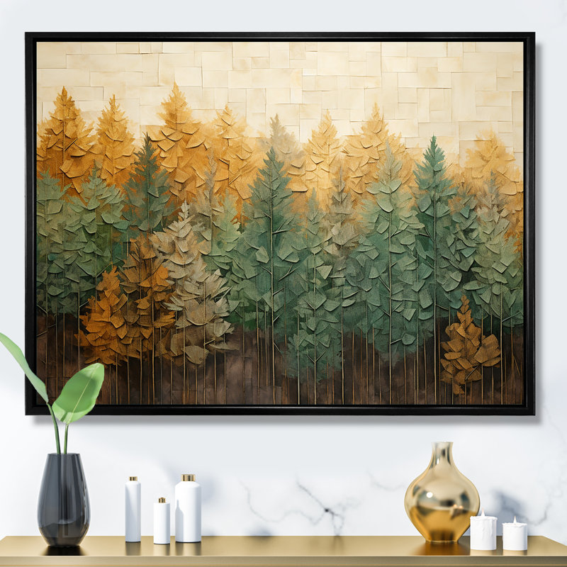 «Green Beige Wild Forest Essence II - Tachisme», art mural, Cadre flottant noir, H 12 po x l 20 po x P 1 po