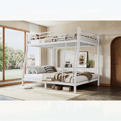 Lit superposé double en TG double / grand ou double + avec plateau de rangement grand format, conception compacte et peu encombrante sans sommier, tube rond, blanc