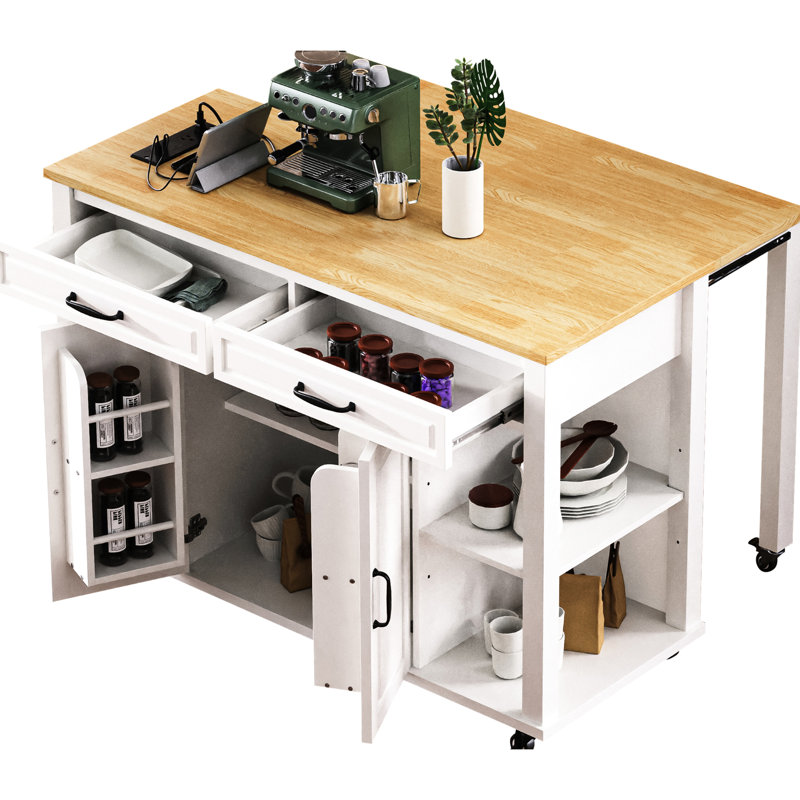 Kitchen Island With Extendable Meal Prep Table, Rubber Wood Veneer Surface, Storage Compartments, Charging Facilities Station