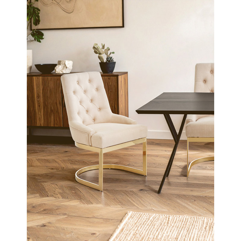 Carwell 48cm H Tufted Upholstered Metal Cantilever Chair, Beige, Gold