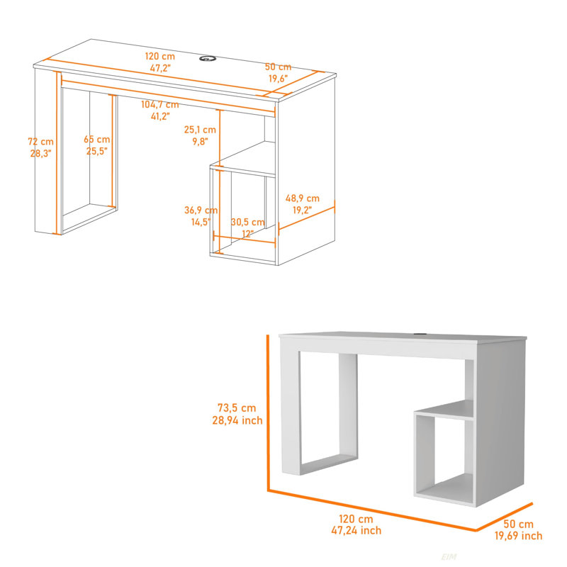 Bureau d'écriture blanc à deux tablettes (bureau), H 28,96 po x l 47,2 po x P 19,72 po