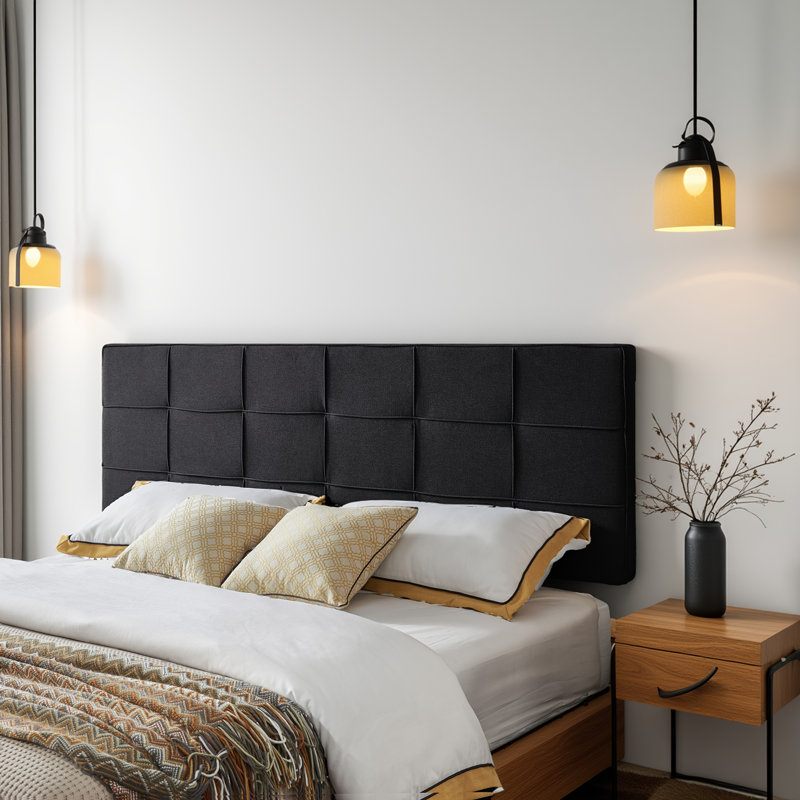 Black Linen Fabric California King Headboard - Tufted Waffle Stitch With Adjustable Height & Metal Legs, Black