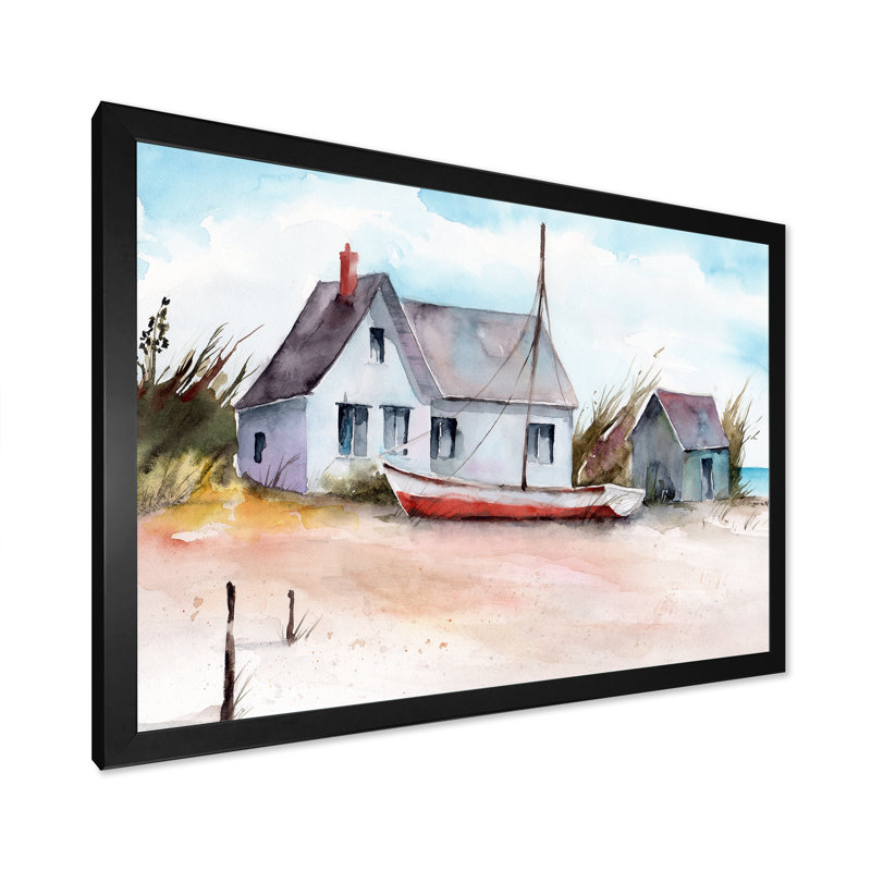 Maison avec petit bateau sur une plage I - Peinture sur toile, H 16 po x l 32 po, Toile avec cadre de coin noir fermé