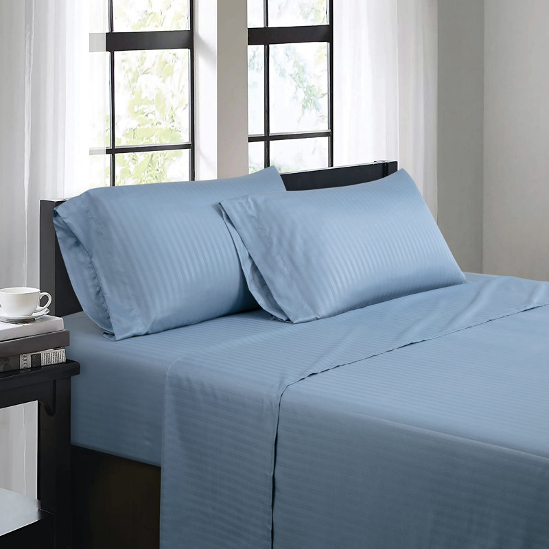 Ensemble de draps 4 pièces Bibb Home, Ensemble de draps pour grand lit avec 2 taies d'or, Bleu denim