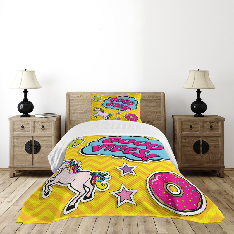 Ensemble de couvre-lit Ambesonne Chill Unicorn Donut Fun Multicolore, Couvre-lit simple + 1 taie décorative standard